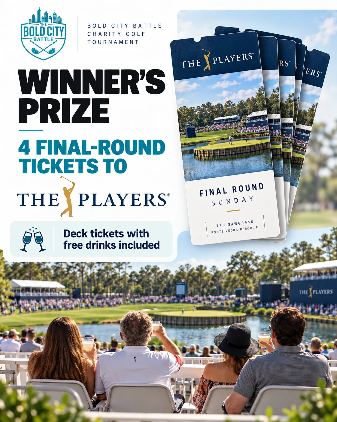 Winner’s prize: 4 final-round tickets to THE PLAYERS, deck tickets with free drinks included. Spectators watching the island green at TPC Sawgrass.