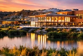 The Streamsong clubhouse lit up at sunset over a lake